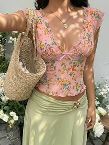 Sunnyshic 女款夏季休閒甜美度假時尚百搭街頭派對花卉網格印花拼接撞色蕾絲飾邊方領短帽袖修身短版T恤 - 西瓜粉 - 查看 4