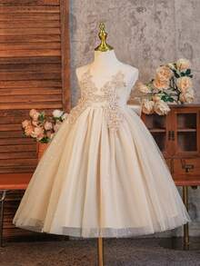 SHEIN Glamorique Kids 女童蝴蝶結裝飾百褶派對洋裝 冬季婚禮禮服 - 杏色 - 查看 3