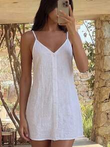 Bonvoyette Summer Vacation Casual V-Neck Solid Color Adjustable Strap Pocket Cover-Up - White - View 4