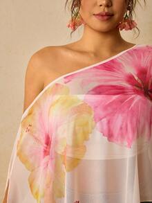 Travachic Plus Size Asymmetrical Collar Batwing Sleeve Tie-Dye Botanical Print Shirt - Multicolor - View 5
