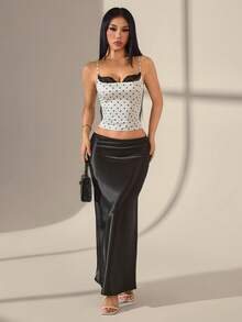 SHEIN PETITE Women's French Sexy Polka Dot Print Lace Patchwork Cropped Camisole ,Petite Women - Black and White - View 7