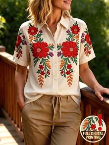 SHEIN Blusa suelta de manga corta con cuello y bordado floral rojo para mujer de verano - Multicolor - Ver 7