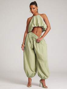 NYA SZN Matching Set Top & Pant Halter Top Balloon Hem Striped Barrel Leg Trouser Jogger Warm Weather Club Day Outfits For Women - Green - View 6