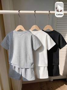 SHEIN Genkimix Kids 6件套儿童休闲简约圆领T恤短裤套装，夏季运动服，3种颜色（灰色、黑色、白色） - 彩色 - 查看 2