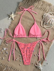 Costavie Set 2 Potong untuk Liburan Musim Semi/Panas, Bra Segitiga Berpayet Warna-warni dari Kain Khusus dan Bawahan Bikini dengan Tali Samping, Set Bikini Seksi - Watermelon Pink - View 2