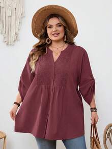 SHEIN CURVE+ 大尺碼 US22 音樂節海邊度假波西米亞休閒純色蕾絲拼接前扣寬鬆襯衫 - 酒紅色 - 查看 7
