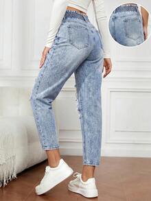 SHEIN CURVE+ Plus Size Casual Washed Distressed Denim Jeans Club Formal Light Blue Summer - Blue - View 2