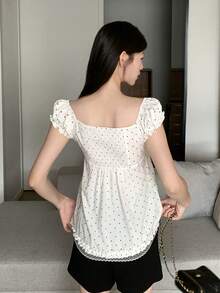 INAWLY Summer Puff Sleeve Polka Dot Square Neck Short Sleeve Women's Ruffle Lace Hem Top - Apricot - View 2