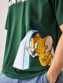 Strevion TOM & JERRY 男士休闲百搭汤姆和杰瑞图案印花圆领短袖T恤 - 墨綠色 - 查看 5