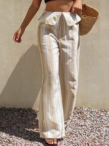 DAZY Women's Folded Waist White Loose Wide Leg Long Pants Beach Autumn Boho Casual Vacation - Khaki - View 5