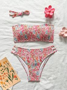 Swim Mod 女款兩件式比基尼套裝，熱帶白色可愛印花，平口上衣配後背細肩帶，側邊細肩帶泳褲，海灘度假情人節款 - 彩色 - 查看 3