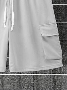 Manfinity Homme Men's Solid Color Dropped Shoulder Crew Neck T-Shirt And Drawstring Pocket Knee Length Shorts Set - Light Grey - View 5