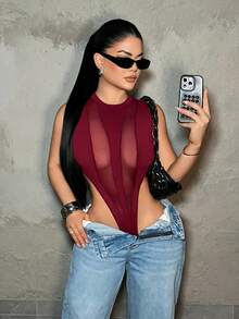 SHEIN SXY 酒紅色網格拼接性感透視連身衣，適合夜店外出的夏季穿搭 - 酒紅色 - 查看 4