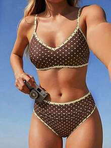 Swim SPRTY 2pcs/Set Pakaian Pantai Musim Panas Wanita, Atasan Tali Bahu Motif Acak Warna dan Bawahan Bikini Pinggang Tinggi - MultiWarna - View 2