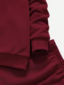 SHEIN 小男孩寬鬆休閒簡約舒適圓領套頭上衣字母印花慢跑褲套裝 - 酒紅色 - 查看 7