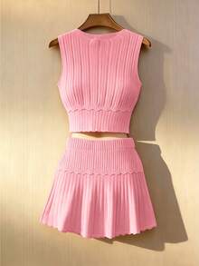 Pariaura Setelan Kasual Musim Gugur Lucu Warna Polos Atasan Rajut Tanpa Lengan dan Rok 2 Potong untuk Liburan, Warna Pink Lembut - Berwarna merah muda - View 4
