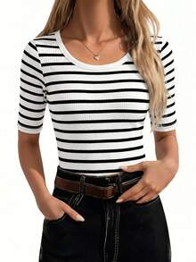 EMERY ROSE Women's Striped Contrast Color Round Neck T-Shirt, Fashionable & Versatile - White - View 3