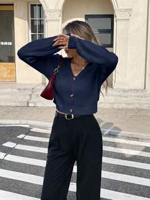 Serisse Spring/Autumn Casual Solid Color Cropped Cardigan Everyday Navy Blue - Navy Blue - View 4