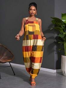 Slaydiva Wedding Guest Boho, Commute, Brunch, Airport, Party Holiday Yellow Plaid Print Pattern Women Hollow Square Contrast Color Casual Jumpsuit, Plus Size - Multicolor - View 5