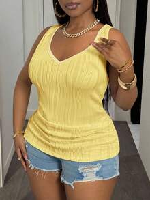 Slaydiva Plus Size Women's Casual Basic Tank Top, Deep V-Neck And Fine Ribbed Texture, White - Light Yellow - View 6