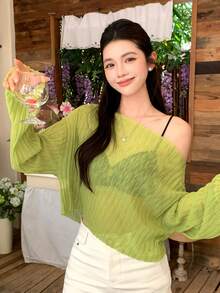 DAZY 女款透視不對稱領長袖針織上衣 適合海灘度假 萊姆綠 秋季 性感休閒 不對稱領上衣 - 綠色 - 查看 7