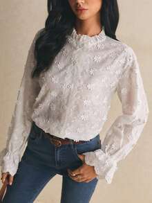 Poéselle Áo sơ mi nữ mặc thường ngày đi du lịch thêu hoa 3D - trắng - Xem 4