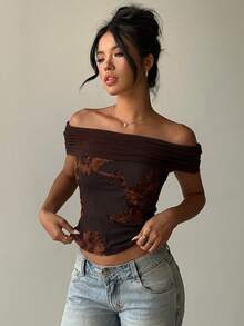 Aloruh Women's Slim Fit Fashionable Sexy Pleated Off-Shoulder Jacquard Top Night Out Brown Floral Summer - Coffee Brown - View 4