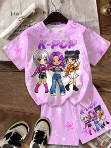 青少年女孩休閒簡約卡通女孩團體印花 K-Pop 超級巨星 紮染短袖T恤與短褲兩件套，適合夏季 - 彩色 - 查看 2