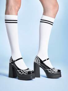 Sugerpunk 女款休閒時尚厚底低楦圓頭龐克哥德風蜘蛛網刺繡高跟鞋，性感度假派對夜店厚底粗跟女鞋 - 黑色 - 查看 4