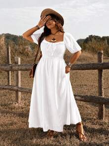 Ceyna Plus Size Solid Color Vacation Minimalist Cottage Core 1960s Boho Textured Fabric Sheer Ruffle Hem Women's Dress White Summer Tea Party - White - View 6