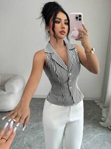 Elenzga Elegante gestreifte sexy Sommerweste für Damen, Urlaubslook - Schwarz und Weiss - Übersicht 7