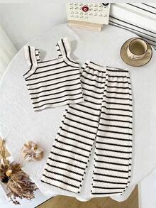 Elladie kids 2pcs Girls Striped Jacquard Knit Square Neck Fitted T-Shirt And Pants Set, Suitable For Casual, Vacation, Summer Wear. Girls 2pcs Set, Ribbed Set, Summer 2pcs Set, Kids 2pcs Set, Toddler 2pcs Set, Preppy Style 2pcs Set, Girls Set, Outdoor Clothing - Black - View 8