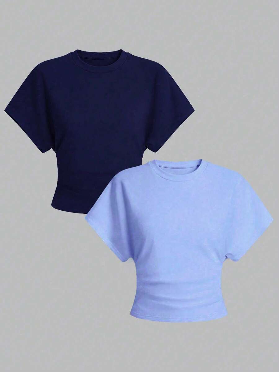 Airaco 2pcs Casual Solid Color Batwing Sleeve T-Shirts, Versatile For Summer - Multicolor - View 1
