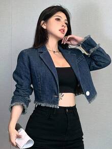DAZY 秋季女款寬鬆休閒街頭風牛仔夾克，附口袋與毛邊下擺，Y2K風格 - 中等水洗藍 - 查看 2
