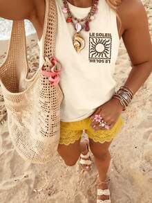 DrmWander Plus Size Vacation Casual Sun Letter Print Tank Top - Apricot - View 2