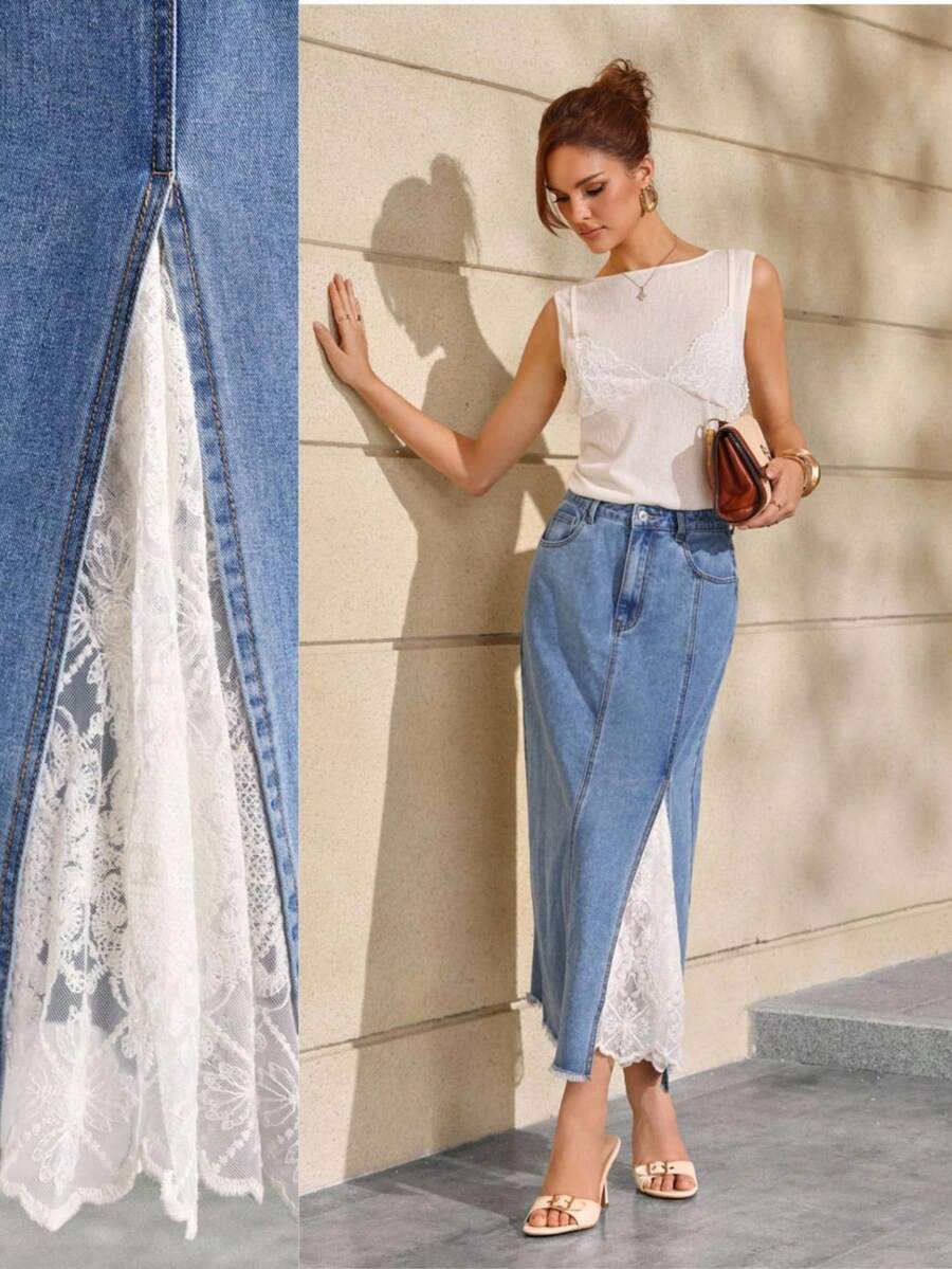 Selenza Women's Retro Casual Loose Lace Trim Denim A-Line Skirt - Light Wash - View 1
