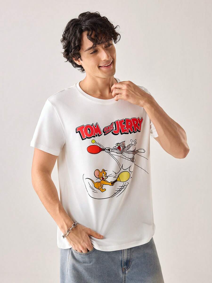 Strevion TOM & JERRY 男士简约汤姆和杰瑞乒乓球印花圆领短袖T恤,夏季款 - 白色 - 查看 1