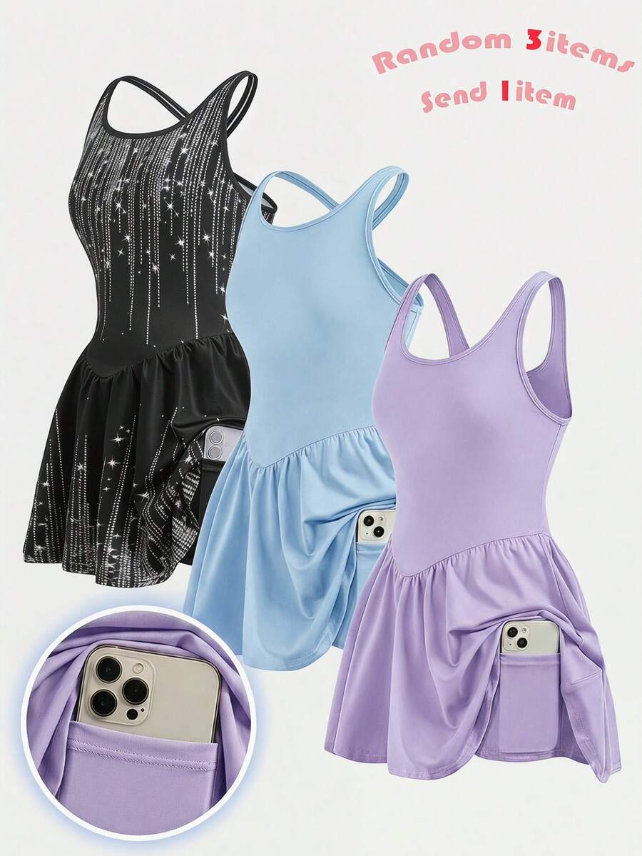 SHEIN 少女休闲渐变色交叉露背运动连衣裙 - 黑色 - 查看 1