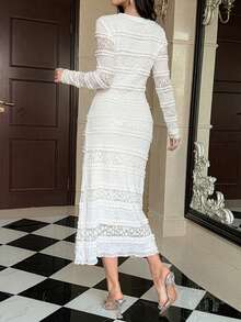 DAZY Spring/Summer Women's Elegant Lace Solid Color Mid-Length Dress Sundress - White - View 2