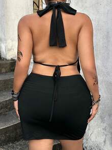 POPSWAY European And American Women's Plus Size Halter Neck Sexy American Hot Girl Backless Hip-Flattering Short Dress - Black - View 2