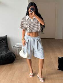 Coolane 女款夏季派對外出度假街頭風時尚開學日常穿搭條紋紋理棕白配色寬鬆翻領短袖短版T恤 - 彩色 - 查看 6