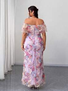 Elenzga Vestido elegante y romántico para mujer de talla grande, con hombros descubiertos, volantes en la cintura, ajustado y de tela de malla con estampado floral, para primavera/otoño - Multicolor - Ver 2