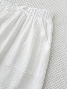 SHEIN Teen Girls Casual Vacation White Woven Textured Bow Decor Loose Wide Leg Long Pants - White - View 4