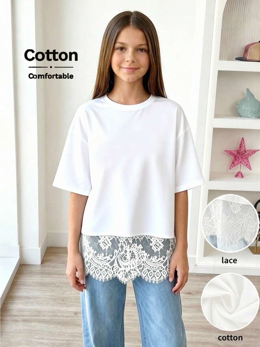Teen Girl Simple Versatile Round Neck Lace Patchwork Hem Short Sleeve T-Shirt - White - View 1