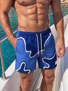 Solantero Men's Navy Blue Summer Casual Letter Print Drawstring Waist Beach Shorts,Holiday Pool Party Vacation Swim Trunks,Breathable Tropical Bathing Shorts - Blue - View 4