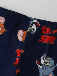 TOM & JERRY X SHEIN GraphicGems 男嬰可愛卡通印花柔軟舒適高彈力面料緊身居家短袖上衣與短褲2件組休閒服夏季款 - 藍色 - 查看 8
