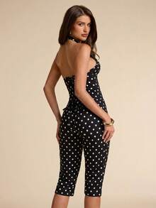SHEIN BAE Summer Black And White Polka Dot Vintage Cinched Waist Mid-Length Jumpsuit, Suitable For Cocktail Parties, Romantic Dates, Gatherings, Formal Events, Fashionable Outings - Black - View 2