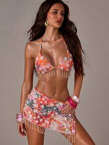 SHEIN BAE 女款亮片3D花朵裝飾泳褲下身 - 黑色 - 查看 6