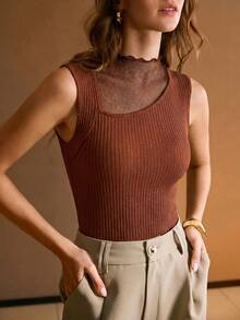 MOTF PREMIUM MESH PATCHWORK RIBBED KNIT TANK TOP - Coral Orange - View 3