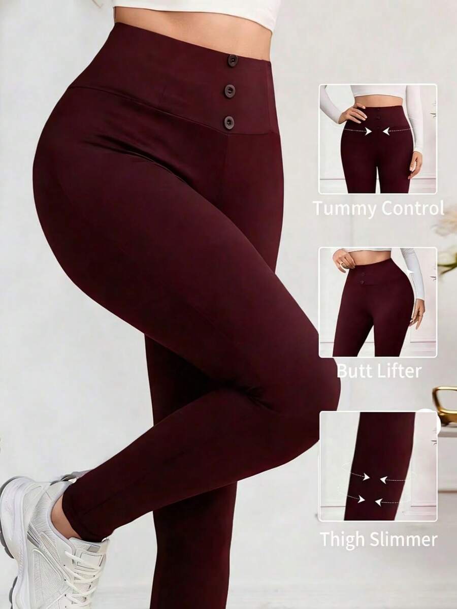Modelyn Women's Waist Button Design Versatile Casual Comfortable Leggings - Burgundy - View 1